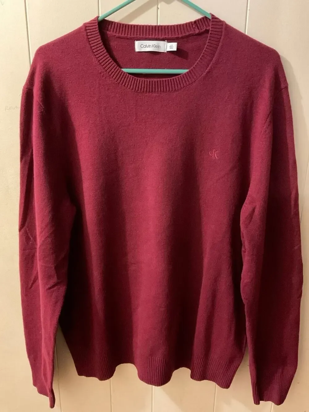 Calvin Klein Sweater Mens Large Burgundy Extra Fine Merino Wool Crewneck